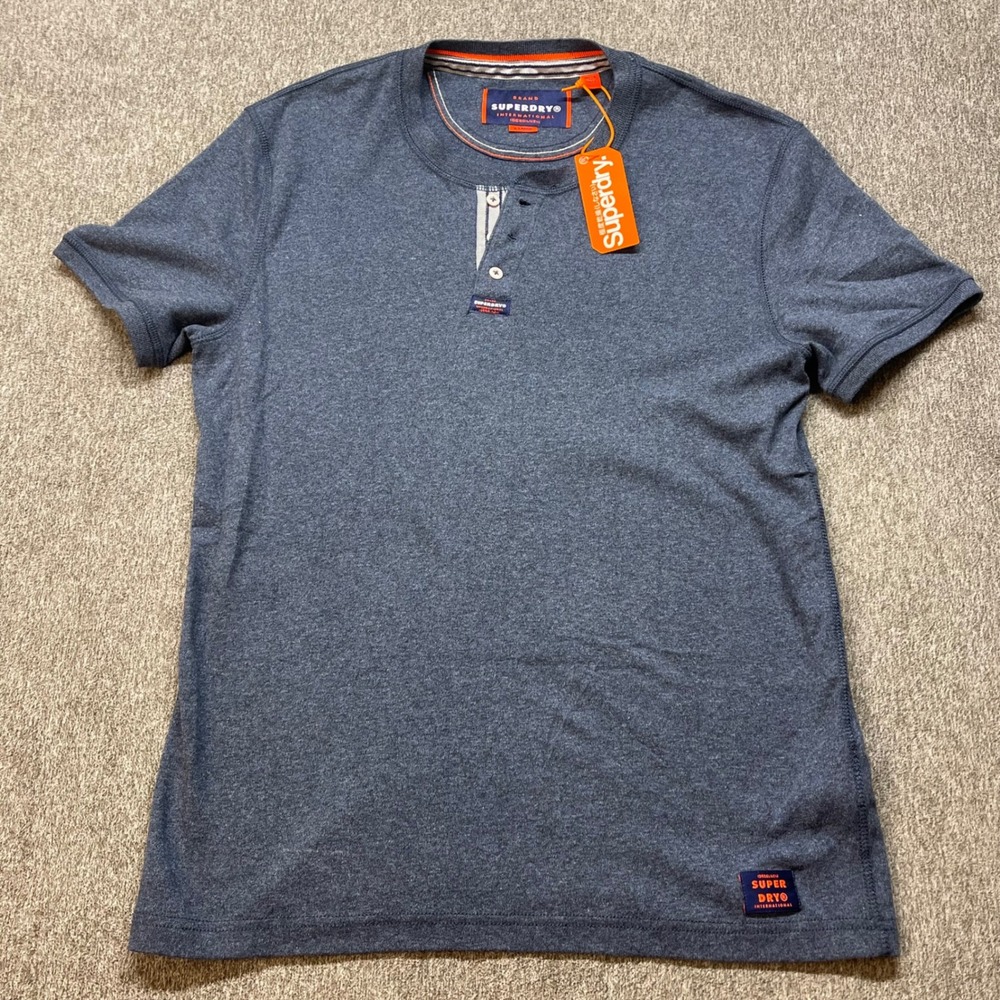 Superdry Heritage Short Sleeve Grandad Shirt Gully Navy Grit Henley XL
